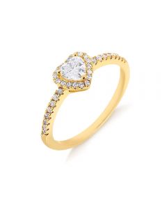 Anel solitário com pedra em formato de coração cravejado de zircônias folheado em ouro 18k