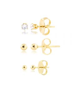Kit de brincos com pequenas bolinhas lisas e ponto de luz folheado em ouro 18k
